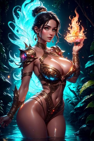 (High quality,  8k,  UHD) 1girl,  24years old,  cleavage,  big boobs,  fat thigh,  shiny skin,  skinny body,  very detailed face,  masterpiece,  cinematic lightning,  fire magic,  flame and rube,  (glowing,  fire glow:1.5),  fantasy dress,  sexy body,  large breasts,  high resolution,  8k,  high quality,  fantasy,  vibrant color,  High detailed,  blurry_light_background,  watersplash background,  circling water around body,  Color magic,  paint splash, High detailed , BiophyllTech, glitter, DonMDj1nnM4g1cXL , potcoll, DonMBl00mingF41ryXL, 