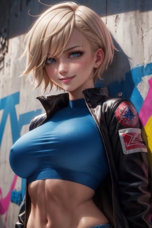 (masterpiece), (best quality), (HDR), intricate detail, 
1girl, mature woman, smile, tan skin, hair colour highlights, short hair, (sharp eyes, blue eyes, detailed eyes:1.2), croptop, cropped_jacket, large breasts, short shorts, midriff, portrait, upper body, graffiti wall background,
