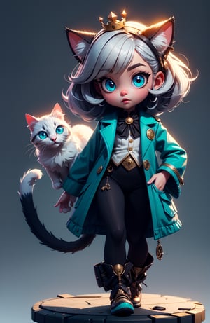 3d render of a game character, cat, cute small cat, (chibi:0.7) anthropomorphic cat, crown, teal, fluffy, cg, colonial suit, unity render, cat eyes, large eyes, blender, octane render, hyper detail, hyper focus, simple background, gradient background, high performance, high poly count, extreme quality, uhd, 8k, aaa, (neon highlights), steampunk