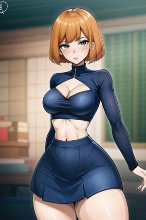 masterpiece, best quality, high_resolution, 
1girl, beautiful face, detailed eyes, short hair, orange hair, cleavage, bangs, scarlet hair, crop top, long sleeves, mini skirt, thick thighs, cowboy shot, dynamic background,Add more detail,almualimKA