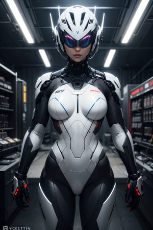 armed female figure in a white sci-fi suit, detailed cyber helmet, bald head, lights on cyber mask, a lot of fine details, commercial photography, domina, hyperrealistic poster, hypermaximalist, ornate, luxury, ominous, cgsociety, studio light, 8k, high resolution photography, professional color grading, photorealism, highest quality, highest detail, Cinematic, Long Exposure, 8K, Ultra-HD, Cinematic Lighting, insanely detailed and intricate
