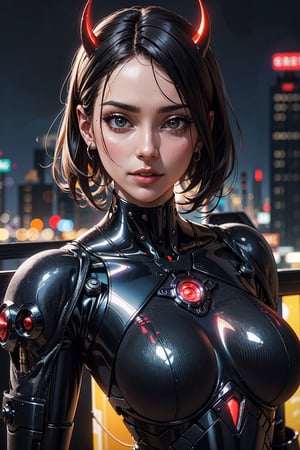 A female cyborg demon, neon, tokyo skyline, bokeh,| centered| intricate| highly detailed| breathtaking beauty| vibrant| comprehensive cinematic, 8k, artgerm