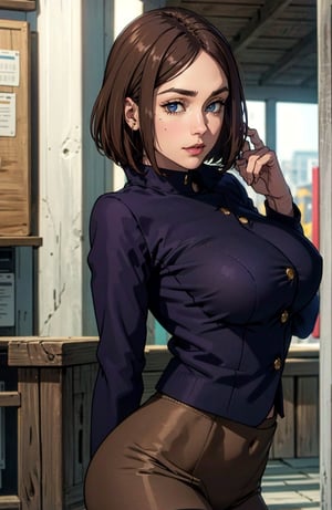 (masterpiece:1.2, best quality), (finely detailed beautiful eyes:1.2), solo focus, (detailed background), (beautiful detailed face, beautiful detailed eyes),  1girl, shoko , brown hair, brown eyes, purple jacket, jacket, school uniform, black pantyhose, black stockings, purple short skirt, beautiful sexy woman, adult, large breasts, skinny waist, (outdoors), looking at viewer,