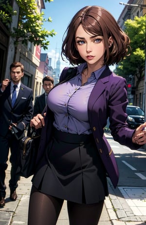 (masterpiece:1.2, best quality), (finely detailed beautiful eyes:1.2), solo focus, (detailed background), (beautiful detailed face, beautiful detailed eyes),  1girl, shoko , brown hair, brown eyes, purple jacket, jacket, school uniform, black pantyhose, black stockings, purple short skirt, beautiful sexy woman, adult, large breasts, underboob, skinny waist, (outdoors), looking at viewer,