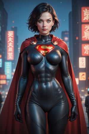 score_9, score_8_up, score_7_up, 1girl, young woman, Super girl, 20 year old, black bodysuit, red cape, superhero aesthetic, short black hair, skin-tight, cowboy shot. large breasts, slender torso, large hip, skinny torso. dc, city, night ciy background.