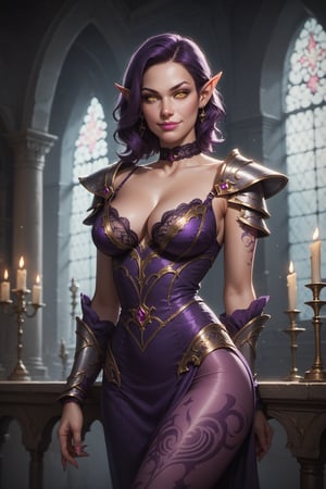 score_9, score_8_up, score_7_up, 1girl, solo, beautiful demon woman, pointy-ears, looking at viewer, yellow eyes, pale skin, smirk, pink lips. round breasts, large breasts, cleavage, narrow waist, large curvy hip, pop hip. dark purple hair, medium hair, cowboy shot, sexy pose. purple dress, lace_sleeves, lace trim dress, spaghetti straps. silver shoulder Armor, gauntlet, fantasy outfit, aesthetic pattern pantyhose. jewelry, earrings, choker, tattoo, side view. Dim lighting, cinematic, subsurface scattering. Castle chamber, demon castle background.