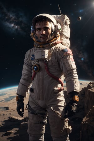 An adventurous human character wearing an advanced space exploration suit, exploring uncharted planets