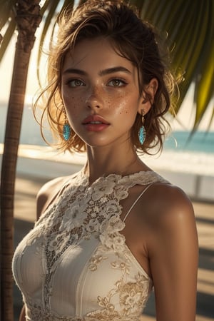 1girl, Italian woman, solo, looking at viewer, tanned skin, (braids:0.3), bangs, party lace dress, chromatic dress, jewelry, yellow eyes, upper body, earrings, parted lips, puffy lips, freckles, ginger hair, shiny, pink lips, eyelashes, skin tight,(tilted head up:0.3), (tilted head anti-clockwise:0.4), magic ray, sunlight , tropical island background
