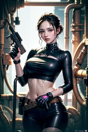((Masterpiece, best quality, highres)), close up, 1girl ,a (((fully clothed))) biomechanical __cowgirl, mechanic cowgirl boots,  (((Biopunk outfit with fluids running through tubes))), feminine, (((((holding a mechanic Colt))))), ((gunbelt)), colt peacemaker pistol in right hand, clean shaven, slander, confident, sole focus, square chin, cowboy shot, contrapposto, masterpiece, award-winning photography, macro photography vivid colors, photorealistic, atmospheric, cinematic, moody, rule of thirds, majestic, detailed, sharp details,sharp focus, perfect anatomy, aesthetic, cyberpunk