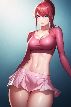 masterpiece, best quality, high_resolution, 
1girl, beautiful face, detailed eyes, ponytail, cleavage, bangs, scarlet hair, crop top, pink top, long sleeves, mini skirt, thick thighs, cowboy shot, dynamic background,Add more detail