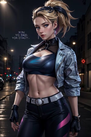 masterpiece, best quality, highres, akali, 1girl, k/da \(league of legends\), solo,  (black hair:1.1), blonde hair, m, (multicolored hair:1.1), jewelry, fingerless gloves, cropped jacket, midriff, earrings, two-tone hair, open jacket, black gloves, black pants, crop top, blue eyes, belt buckle, ponytail, cowboy shot, standing, english text, lamp post, large breasts, detailed face, detailed eyes,