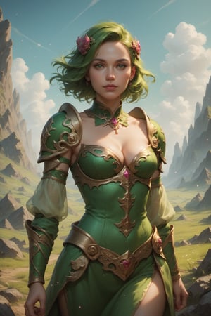 score_9, score_8_up, score_7_up, 1girl, young woman, beautiful face, random hair colour, cleavage, glitter, fantasy aesthetic, green outfit, cowboy shot, fantasy landscape, darkness scene background.