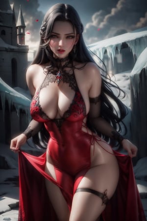 (masterpiece), (best quality), (HDR, realistic), intricate detail, 1girl, bare_shoulders, pale skin, large breasts, black hair, long_hair, red_eyes, vampire dress, lace trim, blood lip, bloom effect, ice castle background,