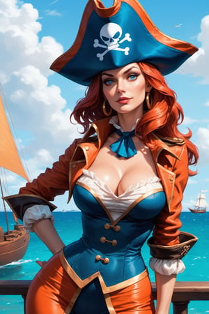score_9, score_8_up, score_7_up, score_6_up, female pirate, beautiful face, pirate hat, solo, tight clothes, narrow waist, huge hip, large perky breasts, cleavage, blue eyes, beauty, boat background, highly detailed, looking at viewers,