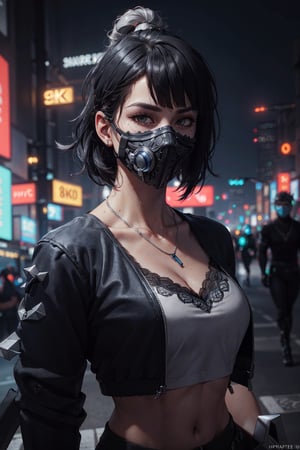 (octane render, best quality, sharp focus, 8k, 4k:1.3), Masterpiece, Best Quality, (skin texture, realistic skin, extremely detailed, intricate, hyper detailed), portrait, sharp detailed, beautiful woman, athletic body, random black hair, blunt bangs, ((sub zero mask)), (lace, cropped black jacket), silver necklace, cyberpunk city at night, (solo)