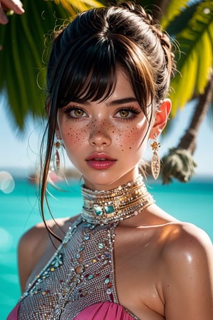 1girl, Italian woman, solo, looking at viewer, tanned skin, (braids:0.3), bangs, party lace dress, chromatic dress, jewelry, yellow eyes, upper body, earrings, parted lips, puffy lips, freckles, ginger hair, shiny, pink lips, eyelashes, skin tight,(tilt head up:0.3), (tilt head anti-clockwise:0.4), magic ray, sunlight , tropical island background
