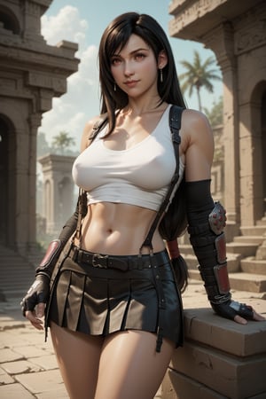 score_9, score_8_up, score_7_up, 1girl, mature woman, cowboy shot of tifa lockhart, white tank top, suspenders, black pleated skirt, fingerless gloves. skinny body, perky breasts, hourglass hip. final fantasy, ancient ruins background.