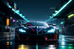 (digital artwork), Super car, wide body kit, modified car, racing livery, rainingmasterpiece, best quality, realistic, ultra highres, depth of field,(full dual colour neon lights:1.2), (hard dual colour lighting:1.4), (detailed background), (masterpiece:1.2), (ultra detailed), (best quality), intricate, comprehensive cinematic, magical photography, (gradients), colorful, detailed landscape, visual key,