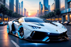 A futuristic hi-tech Super Car inspired by Lamborghini, Cyberpunk-inspired Super Car, Blue and White, (Black wheels),
on the road in city area background, at sunset time, front view, symmetrical, 