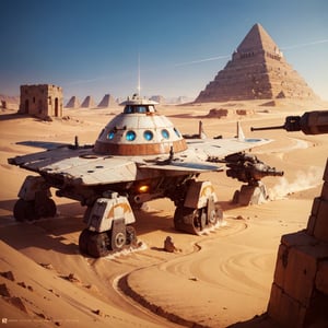 alien desert surface, landscape, graphical design, alien tech, ancient egypt,huge spaceship, sci fi film, cinematic filter, lazer attack, ancient city