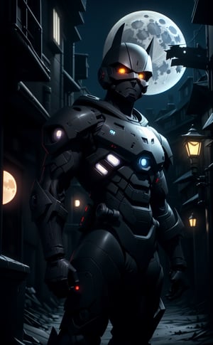 absurdres, 1boy, (at night:1.4), dark alley, moon, grey (android (batman:0.8)) in (matte black hardsuit:1.2), military, roughed up, mechanical arms, city fog, (glowing white eyes) 