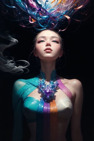 james jean, floating female figure made of ribbons, smoke, in the sky, colorful and vibrant, mystical colors, contemporary impressionism, yanjun cheng portrait painting, iridescent painting, cute face, low angle, sweeping circling composition, large beautiful crystal eyes, big irises, UHD, HDR, 8K, (Masterpiece:1.2) ,Add more detail