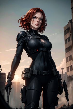 (8k, RAW photo, best quality, masterpiece:1.2), perfect eyes, perfect face, perfect lighting, beautiful, (masterpiece:1.2), (best quality:1.2), 1woman, black widow, black bodysuit, combat outfit, mature, flat shaded style animation, solo, serious face, redhead, short hair, wavy hair, , blue eyes, extremely dirty face, post apocalyptic background,