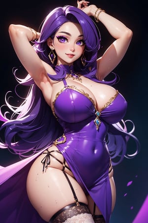 (masterpiece, High Quality, best quality:1.4), colorful, vibrant, highly detailed, hentai, 4K, trending on pixiv, blush, sweat, (horny smile:1.05), flirting glance, from behind, cowboy shot,
purple hair, long hair, purple lipstick, (mole:0.8), makeup, eyeshadow, ultra detailed hair, detailed face, purple eyes, eyes, perfect eyes, perfect face, earrings, jewelry,
(long violet dress:1.15), pink thighhighs, garter belt, lace panties,
(mature female, 40yo:1.1), (curvy:1.1), milf, huge sagging breasts, hips, arms up, armpits,