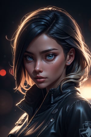 girl 20 years old,party background, unsaturated background, bokeh,dark theme,calm, tones, muted colors, high contrast,(ultra realistic hair),(natural skin texture), (hyperrealism), soft light, sharpness),high detail,urban techwear, neonnightKA,orcaeffectKA,((lens flare))