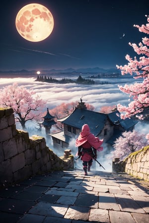 concept art, wide angle shot, A stealthy pink ninja, in the cloak of shadows, (((descending on roof))), cherry blossom tree, in an ancient fortress, weathered stone walls, mount fugi in distant horizon, at night, fog, full moon. high quality, highres:1.1, aesthetic), detailed, extremely detailed, 4K, detailed background