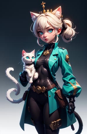 3d render of a game character, cat, cute small cat, (chibi:1.1) anthropomorphic cat, crown, teal, fluffy, cg, colonial suit, unity render, cat eyes, large eyes, blender, octane render, hyper detail, hyper focus, simple background, gradient background, high performance, high poly count, extreme quality, uhd, 8k, aaa, (neon highlights), steampunk
