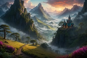 atmospheric scene inspired by a Peter Jackson fantasy movie, breathtaking landscape, towering mountains, lush forests, misty valleys, awe-inspiring structures, diverse and vibrant characters, engaging in a pivotal moment, dramatic lighting, vivid colors, intricate details, expertly capturing the essence of an epic cinematic experiencemasterpiece, best quality, realistic, ultra highres, depth of field, (full dual colour neon lighting:1.2), (hard dual colour lighting:1.4), (detailed background), (masterpiece:1.2), (ultra detailed), (best quality), intricate, comprehensive cinematic, magical photography, (gradients), colorful, detailed landscape,