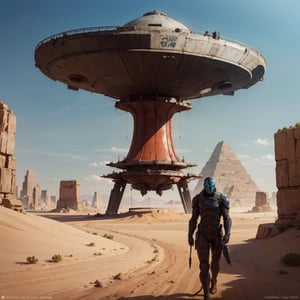 alien desert surface, landscape, graphical design, alien tech, ancient egypt,huge spaceship, sci fi film, cinematic filter 