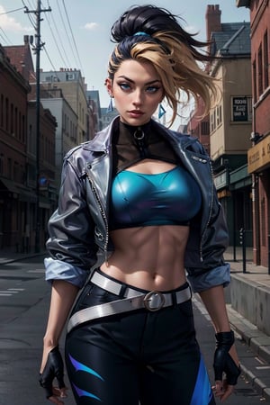 masterpiece, best quality, highres, akali, 1girl, k/da \(league of legends\), solo,  (black hair:1.1), blonde hair, m, (multicolored hair:1.1), jewelry, fingerless gloves, cropped jacket, midriff, earrings, two-tone hair, open jacket, black gloves, black pants, crop top, blue eyes, belt buckle, ponytail, cowboy shot, standing, english text, lamp post, large breasts 