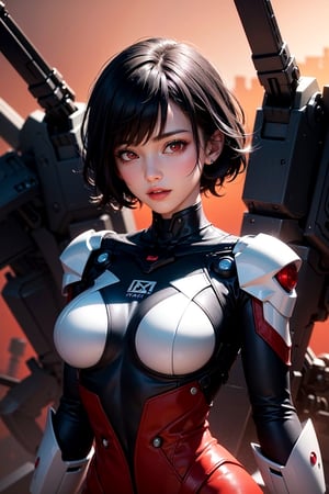 masterpiece,  red eyes,  light (red light:1.3),  1girl,  beautiful face,  skindentation,  detailed black hair,  pixie hair,  glowing light,  futuristic, mecha bodysuit,  upper body,  skinny waist,  large hip, cybercity background 