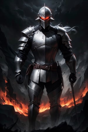 (best qualite), (UHQ, 8k, high resolution), Generate a ominous scene featuring a warrior or knight adorned in dark, intense armor. Set the atmosphere with a palette of red and black hues, emphasizing the powerful and foreboding aura that surrounds the character.