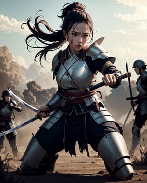 (masterpiece:1.2, best quality), 1lady, solo, full body, woman samurai warrior, in a battlefield, torn armor and clothing, holding a katana, close up, fighting in a ferocious battlefield, skin is damaged and bloody