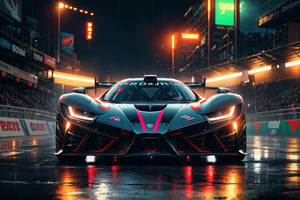 digital rendered, hypercar, modified car, front view, racing livery, rain drops

masterpiece, best quality, ultra highres, depth of field. Racetrack, neons , detailed background. intricate, gradient lights, colorful, detailed landscape.