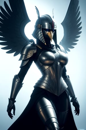 1girl, warrior of horus,(bird head shaped helmet, long beak)  futuristic Egypt, egyptian armor, stargate (attack, 45 degree view)
glowing armor, glowing eyes, wings
solo, dramatic lighting 
 high contrast, negative space
(art by Hubert de Givenchy Todd McFarlane	)
(masterpiece, best quality:1.3),