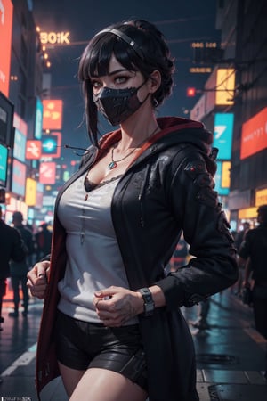 (octane render, best quality, sharp focus, 8k, 4k:1.3), Masterpiece, Best Quality, (skin texture, realistic skin, extremely detailed, intricate, hyper detailed), portrait, sharp detailed, beautiful woman, athletic body, random black hair, blunt bangs, ((sub zero mask)), (lace, cyberpunk clothes, red hoodie long coat), silver necklace, cyberpunk city at night, (solo)