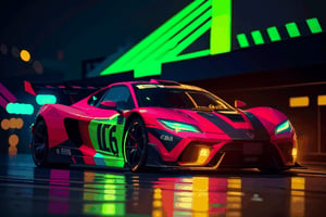 Super car,  wide body kit,  modified car,  racing livery,  rainingmasterpiece,  best quality,  realistic,  ultra highres,  depth of field, (full dual colour neon lights:1.2),  (hard dual colour lighting),  (detailed background),  (masterpiece:1.2),  (ultra detailed),  (best quality),  intricate,  comprehensive cinematic,  magical photography,  (gradients),  colorful,  detailed landscape,  visual key