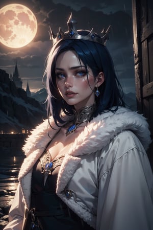 (masterpiece, best quality, hires, high resolution:1.2),(extremely detailed, realistic, intricate details, highres,shiny skin, cinematic lighting, volumetric lighting),
(Rock mountain, blue moon, subsurface scattering, night),
(outside, scary castle, raining, evening, soft light, dim lit, moody vibe, horror \(theme\), ), (insanely detailed, beautiful detailed face), 1girl, queen, white crown, white jewelry, white fur coat, black dress, silver Armor, blue eyes, dark blue hair, looking at viewer