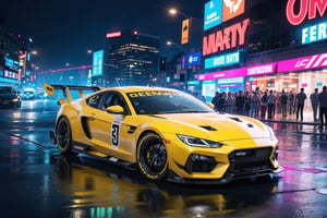 (digital artwork), Super car, wide body kit, modified car, racing livery, rainingmasterpiece, best quality, realistic, ultra highres, depth of field,(full dual colour neon lights:1.2), (hard dual colour lighting:1.4), (detailed background), (masterpiece:1.2), (ultra detailed), (best quality), intricate, comprehensive cinematic, magical photography, (gradients), colorful, detailed landscape, visual key,
