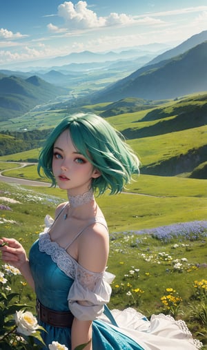 (masterpiece, best quality:1.4), (ultra-detailed, 8k, uhd), fantasy scenery, valley, beautiful, dreamlike, aesthetic art, digital art, professional artwork, immersive, mountainous horizon, other world, fantasy world, beautiful lighting, clouds in blue sky, sunbeam, natural light, vibrant colors, (grass fields, flower field:1.2), windy, reflections, ambient occlusion, godrays, wide long shot, from above, intricate details, captivating natural beauty, hyper-detailed, landscape, beautiful girl, sky blue dress, green eyes, short hair, green hair, rose lips