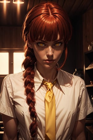 masterpiece, best quality, 
beautiful lighting, makima \(chainsaw man\), (red hair)+(long braided hair)+(bangs), yellow eyes, golden eyes, (ringed eyes), (white shirt), (necktie),
RAW photo, 8k uhd, film grain