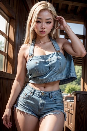 asian female, blonde hair, best quality, ultra high res, (photorealistic:1.4), masterpiece, real life skin, hyper real, busty,  coveralls, loose high-cut croptop, ripped jean shorts, flip hair