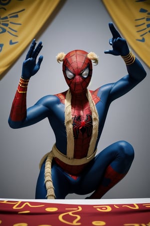 Drawing inspiration from West African folklore, this spiderman wears a costume that incorporates Adinkra symbols from Ghana. The symbols, traditionally printed on fabric, are incorporated into the costume's design, reflecting the wisdom and storytelling traditions associated with the legendary figure of Anansi the Spider. wearing glove, fighting pose