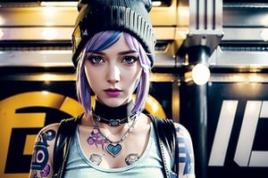 Chloe Price, at the the Grand Central Terminal, cinematic, medium shot, whole head in frame, detailed face, detailed eyes, evening, punk aesthetic, pale blue ripped jeans, braces, suspenders, black boots, white shirt, skull, heart, necklace, chain, bullets, black leather jacket, beanie hat, dark blue beanie, tattoo sleeve, right arm, intricate design, flowers, yellowed skull, dyed hair, light purple roots, blue ends, navy T-shirt, rock, chick