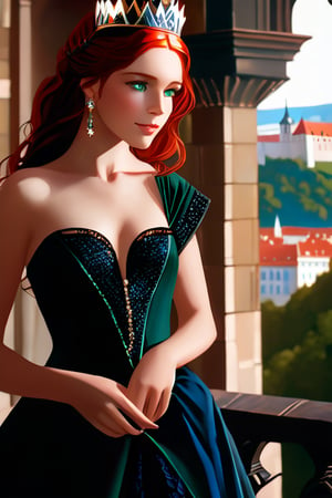 (masterpiece:1.2, best quality:1.2, beautiful, high quality, highres:1.1, aesthetic), detailed, extremely detailed, ambient soft lighting, perfect blue eyes, perfect face, 1girl, large red hair, hair ornament, normal breasts, red gatsby dress, strapless, dress can see through, show nipples, bare shoulders, sleeveless, wrist cuffs, detached sleeves, earrings, black choker, looking at the viewer, full body, slim body, green eyes,LuxuriousWheelsCostume, green, blue and black dress, princess silver crown, prague castle