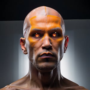 aw0k magnstyle, (best quality) , (masterpiece), angry Monk man, completely white eyes, bald head, split diopter, Cel shading, Relieving, DayGlo orange palette masterpiece,
